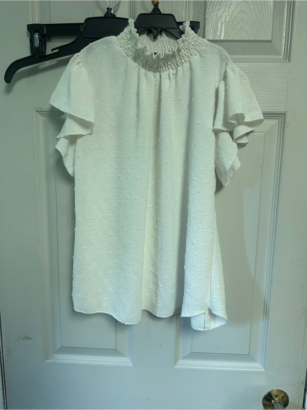 Women's Cream Smocked Neck Ruffle Sleeve Top small